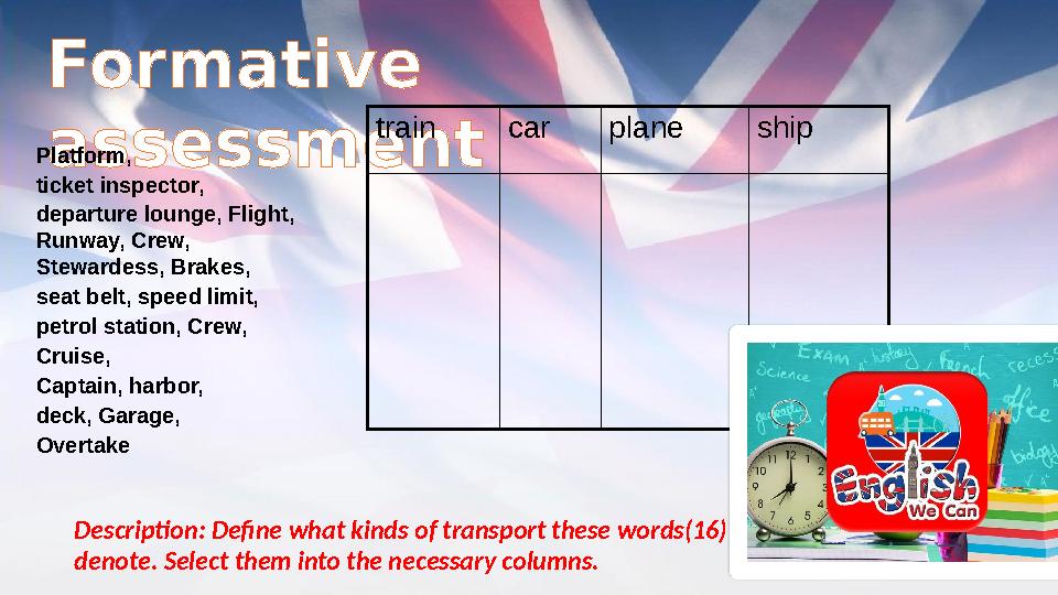 Formative assessment Description: Define what kinds of transport these words(16) denote. Select them into the necessary column