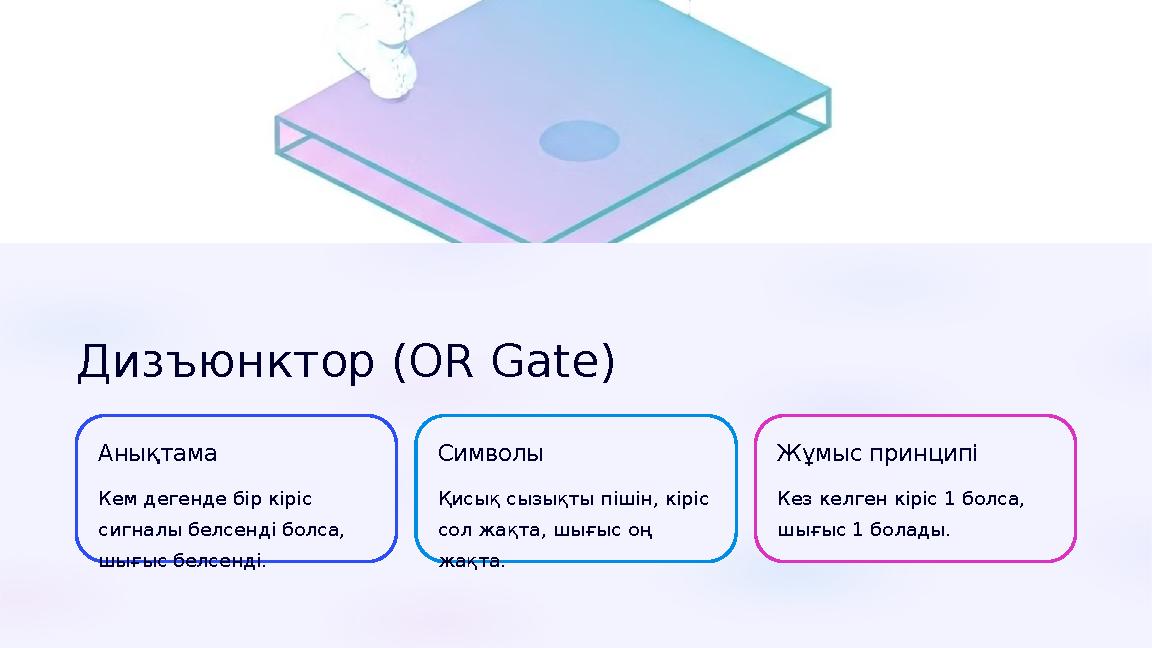 Дизъюнктор (OR Gate) Анықтама Кем дегенде бір кіріс сигналы белсенді болса, шығыс белсенді. Символы Қисық сызықты пішін, кірі