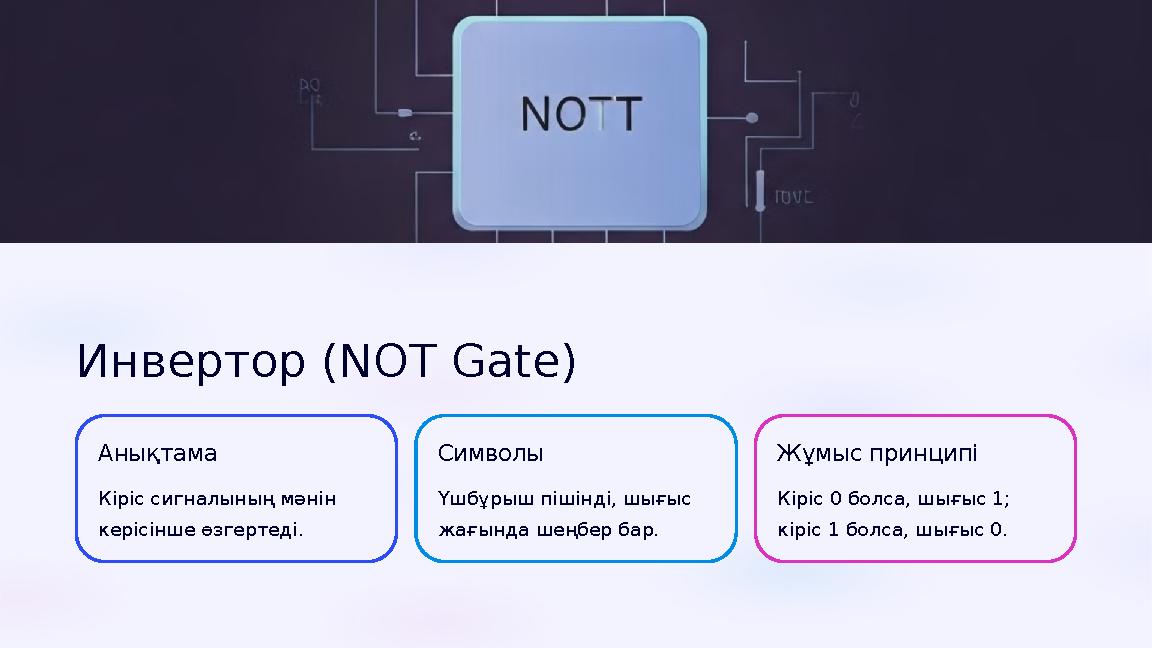 Инвертор (NOT Gate) Анықтама Кіріс сигналының мәнін керісінше өзгертеді. Символы Үшбұрыш пішінді, шығыс жағында шеңбер бар. Ж