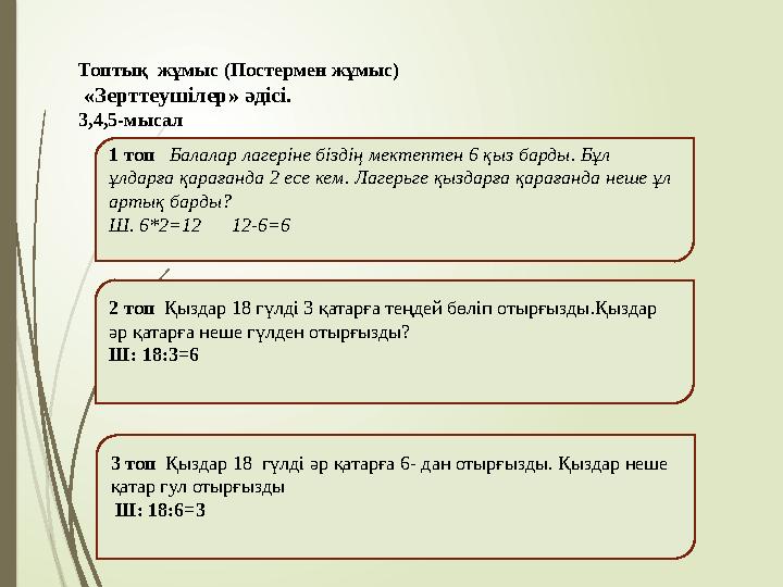 Топтық жұмыс (Постермен жұмыс) «Зерттеушілер» әдісі. 3,4,5-мысал 1 топ Балалар лагеріне біздің мектептен 6 қыз