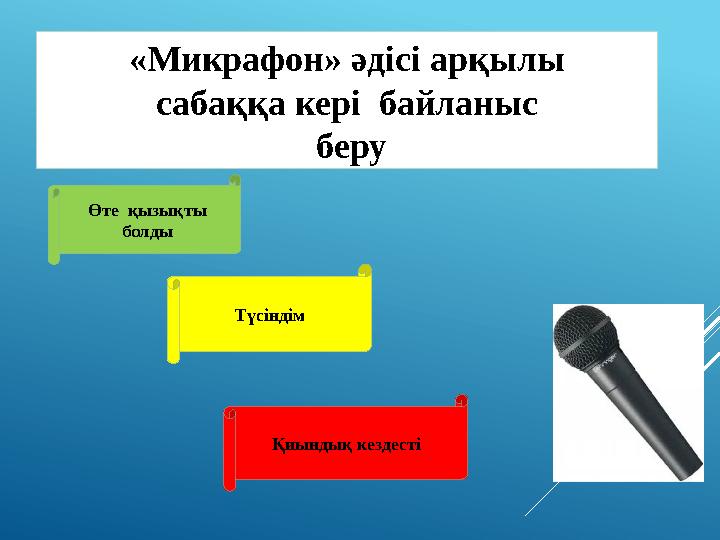 «Микрафон» әдісі арқылы сабаққа кері байланыс беру Өте қызықты болды Түсіндім Қиындық кездесті