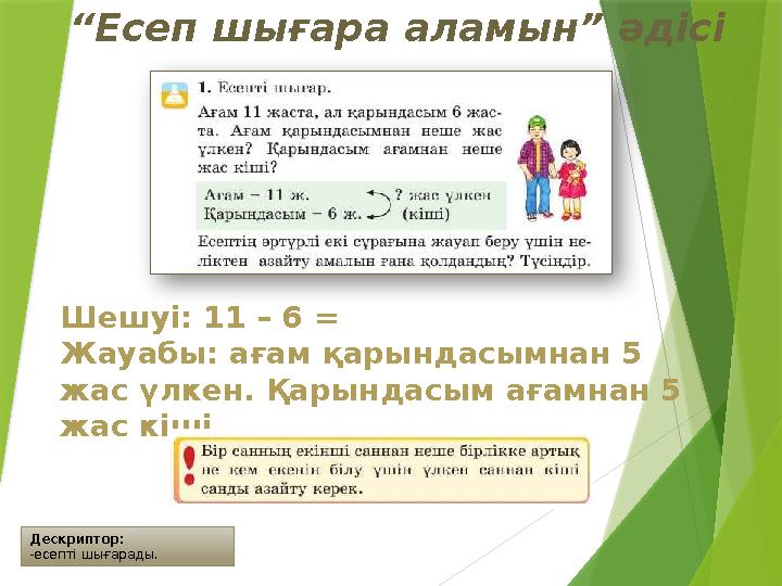 Дескриптор: -есепті шығарады. “Есеп шығара аламын” әдісі Шешуі: 11 – 6 = Жауабы: ағам қарындасымнан 5 жас үлке