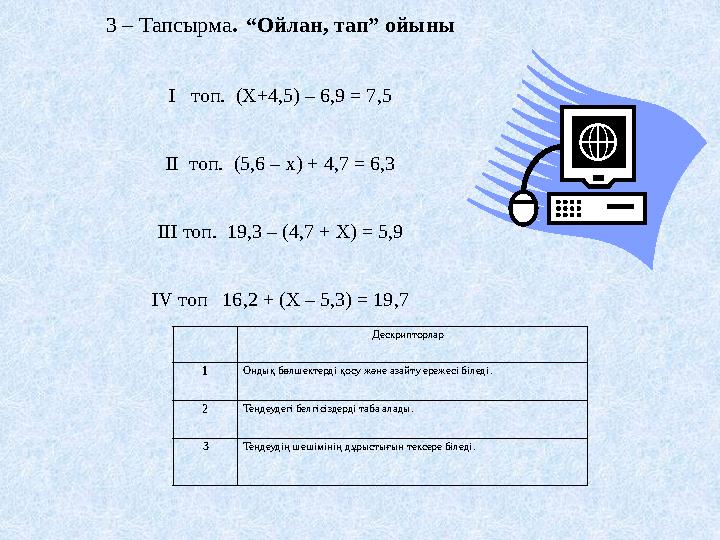 3 – Тапсырма. “Ойлан, тап” ойыны І топ. (X+4,5) – 6,9 = 7,5 II топ. (5,6 – x) + 4,7 = 6,3 III топ. 19,3 – (4,7 + X) =