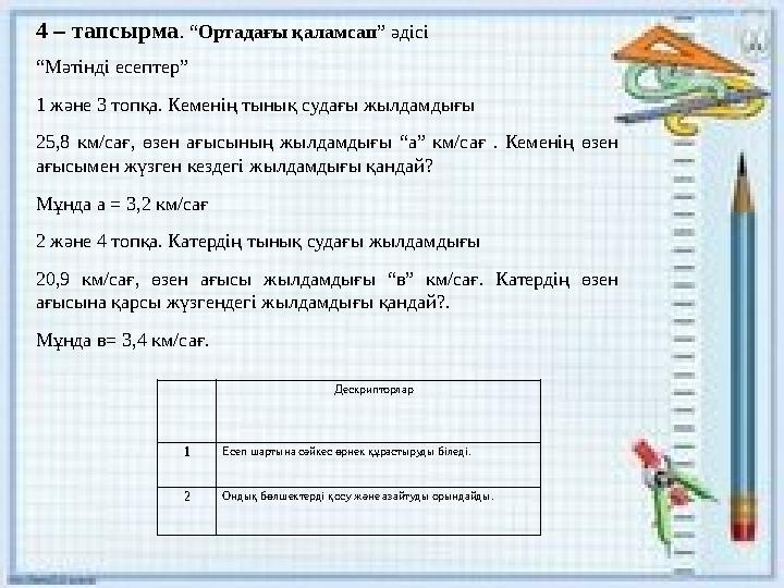 4 – тапсырма. “Ортадағы қаламсап” әдісі “Мәтінді есептер” 1 және 3 топқа. Кеменің тынық судағы жылдамдығы 25,8 км/сағ, өзен ағы