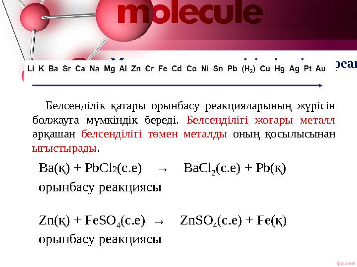 Металдардың тұз ерітінділерімен реакциялары Белсенділік қатары орынбасу реакцияларының жүрісін болжауға мүмкіндік бер