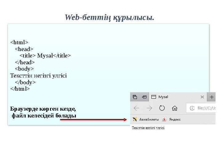 Web-беттің құрылысы. <html> <head> <title> Mysal</title> </head> <body> Тексттін негізгі улгісі </body> </h