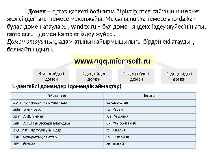 Домен – ортақ қасиеті бойынша біріктірілген сайттың интернет желісіндегі аты немесе мекенжайы. Мысалы,nur.kz немесе akorda.kz