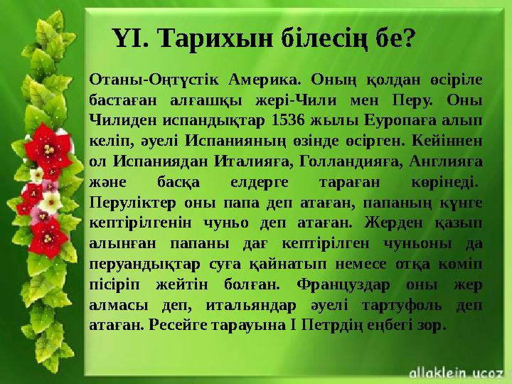 Отаны-Оңтүстік Америка. Оның қолдан өсіріле бастаған алғашқы жері-Чили мен Перу. Оны Чилиден испандықтар 1536 жылы Еуропаға ал