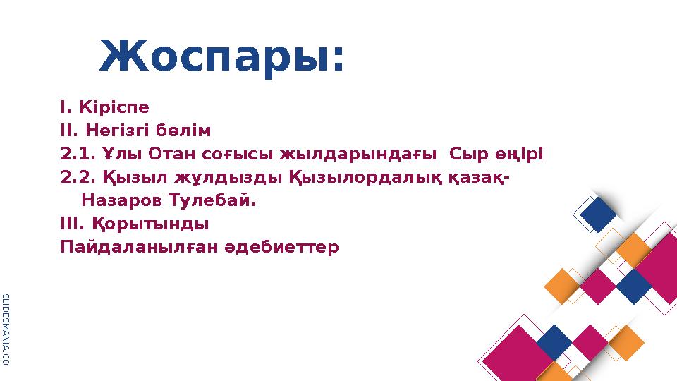 S L I D E S M A N I A . C O M І. Кіріспе ІІ. Негізгі бөлім 2.1. Ұлы Отан соғысы жылдарындағы Сыр өңірі 2.2. Қызыл жұлдызды Қыз