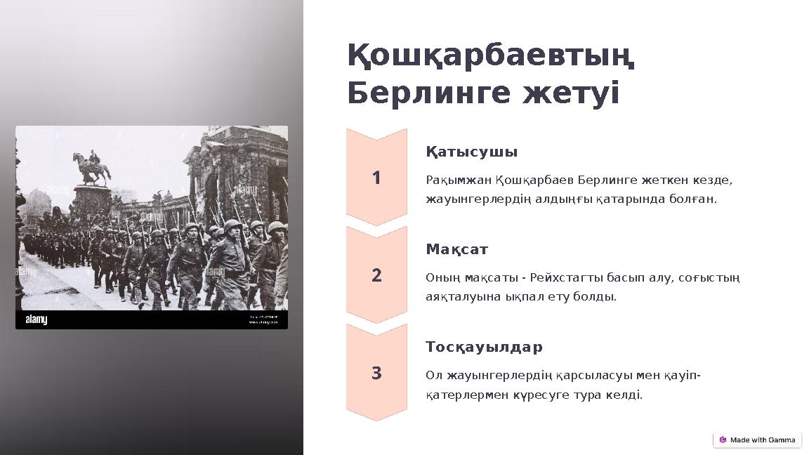 Қошқарбаевтың Берлинге жетуі Қатысушы Рақымжан Қошқарбаев Берлинге жеткен кезде, жауынгерлердің алдыңғы қатарында болған. Мақс