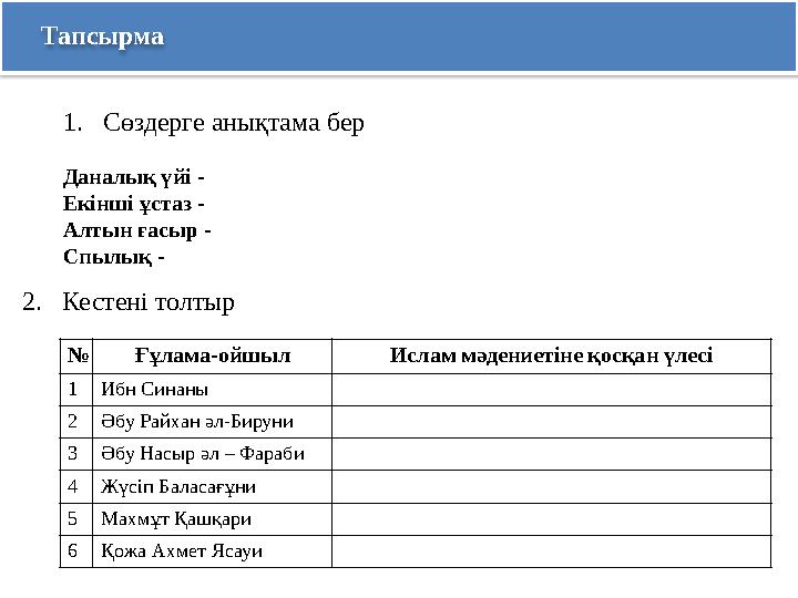 Тапсырма 1.Сөздерге анықтама бер Даналық үйі - Екінші ұстаз - Алтын ғасыр - Спылық - 2. Кестені толтыр № Ғұлама-ойшыл Ислам