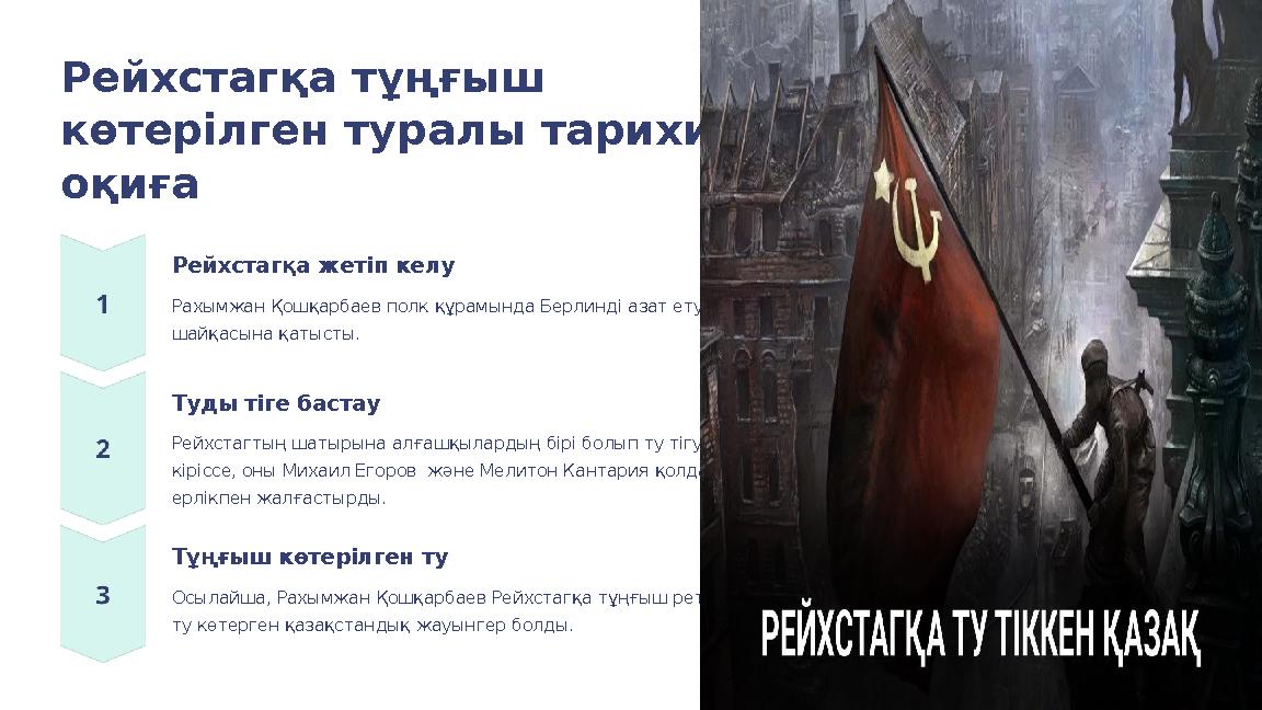 Рейхстагқа тұңғыш көтерілген туралы тарихи оқиға Рейхстагқа жетіп келу Рахымжан Қошқарбаев полк құрамында Берлинді азат ету ш