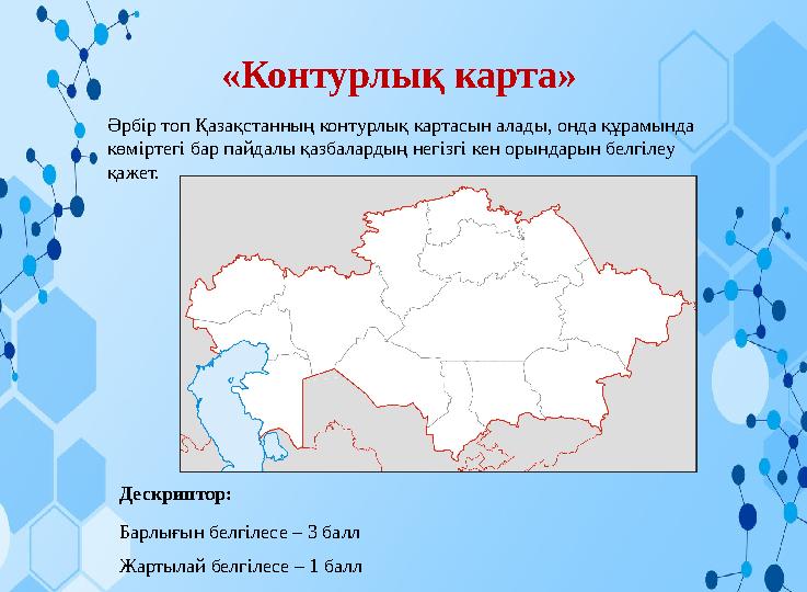 «Контурлық карта» Дескриптор: Барлығын белгілесе – 3 балл Жартылай белгілесе – 1 балл Әрбір топ Қазақстанның контурлық ка