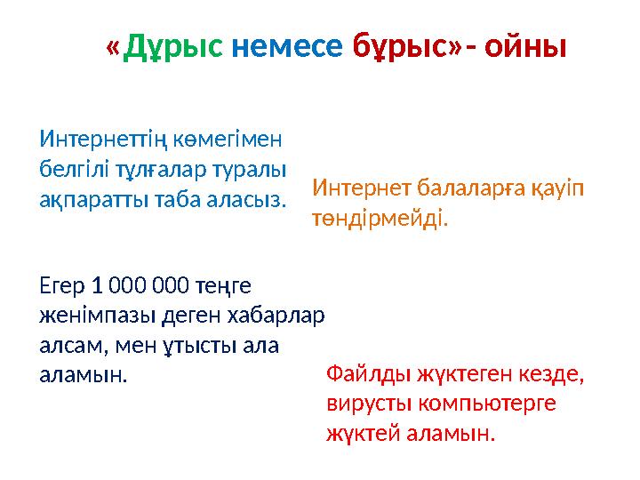 «Дұрыс немесе бұрыс»- ойны Интернеттің көмегімен белгілі тұлғалар туралы ақпаратты таба аласыз. Интернет балаларға қауіп төнд