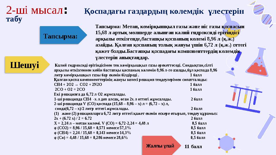 2-ші мысал: Қоспадағы газдардың көлемдік үлестерін табу 11 балл Калий гидроксиді ерітіндісімен тек көмірқышқыл газы әр