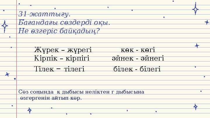 31-жаттығу. Бағандағы сөздерді оқы. Не өзгеріс байқадың? Жүрек – жүрегі көк - көгі Кірпік – кірпігі әйнек -