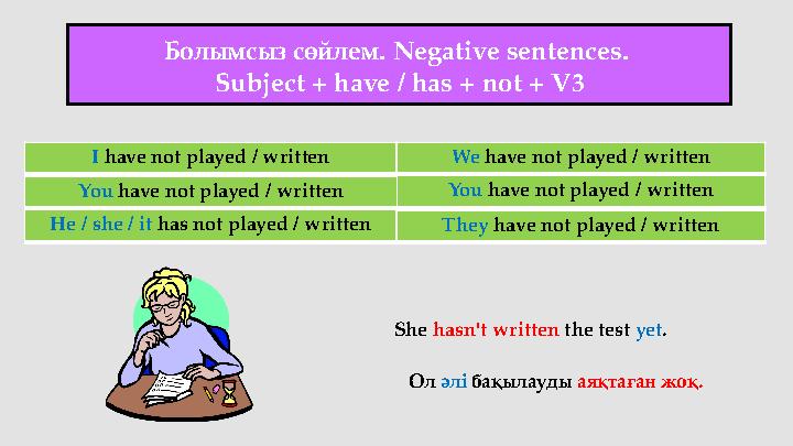 Болымсыз сөйлем. Negative sentences. Subject + have / has + not + V3 We have not played / writtenI have not played / written Y