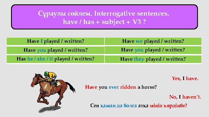 Сұраулы сөйлем. Interrogative sentences. have / has + subject + V3 ? Have we played / written?Have I played / written? Have yo