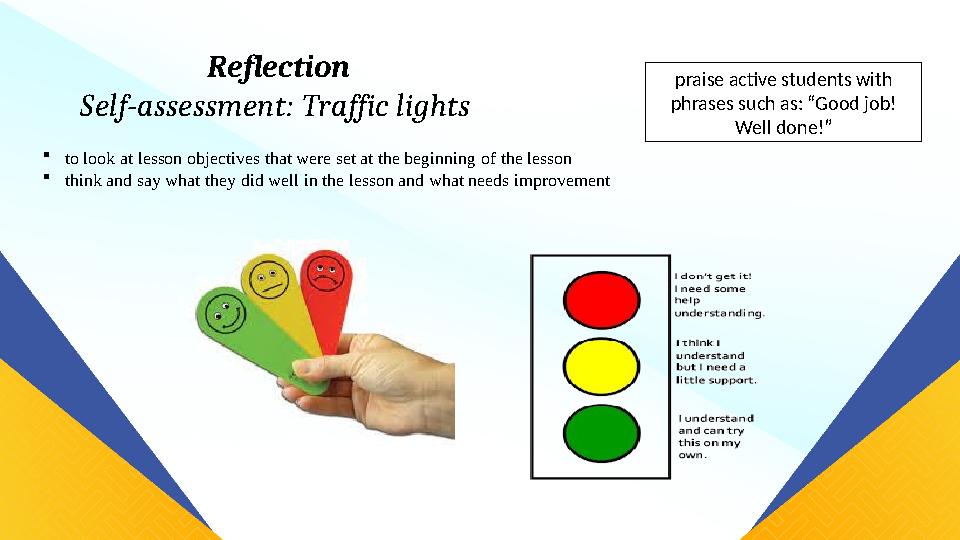 Reflection Self-assessment: Traffic lights to look at lesson objectives that were set at the beginning of the lesson think a