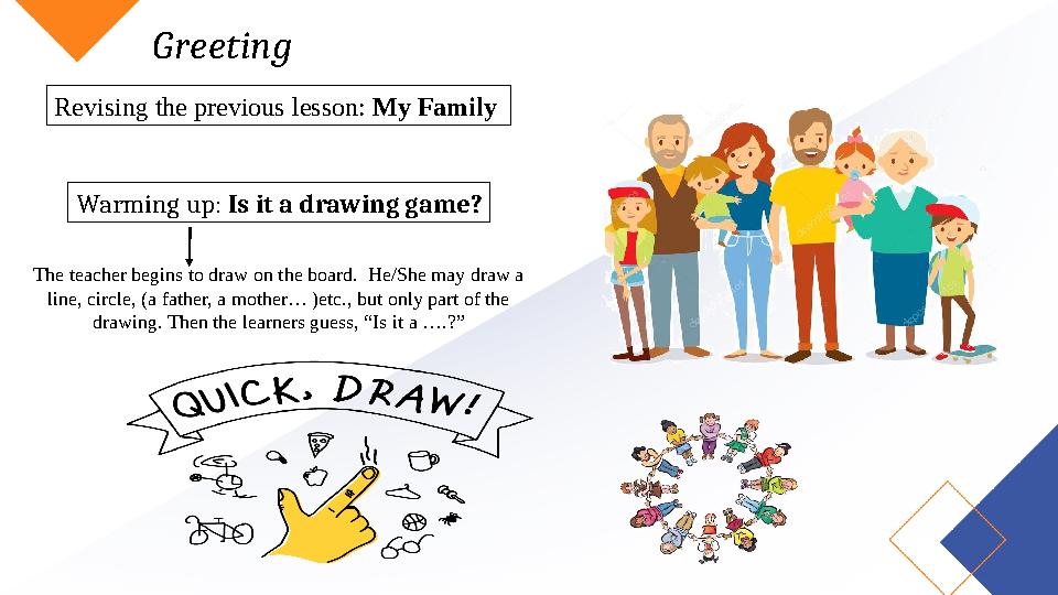 Greeting Revising the previous lesson: My Family Warming up: Is it a drawing game? The teacher begins to draw on the board. He