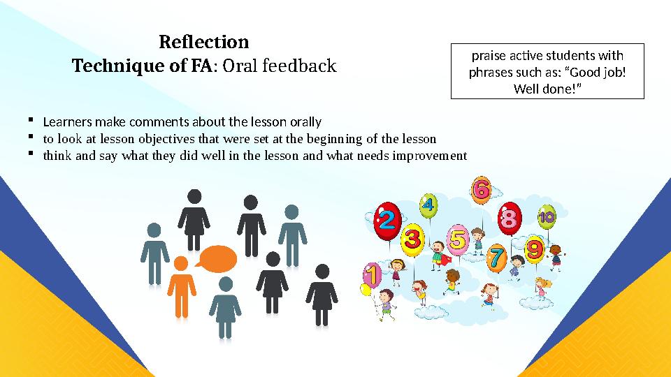 Learners make comments about the lesson orally to look at lesson objectives that were set at the beginning of the lesson thi