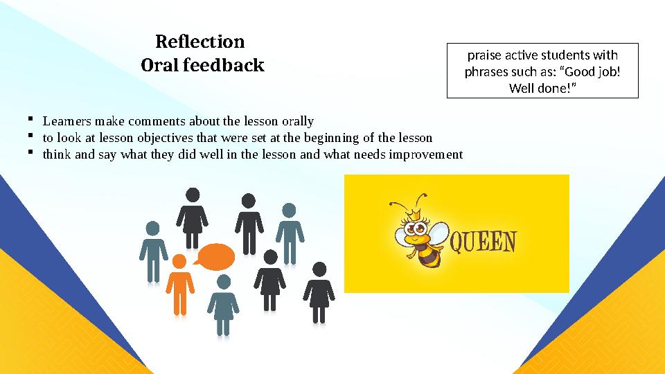 Learners make comments about the lesson orally to look at lesson objectives that were set at the beginning of the lesson thi