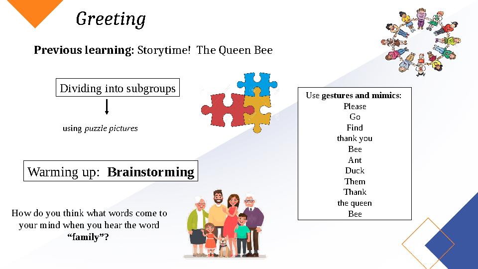 Greeting Dividing into subgroups Previous learning: Storytime! The Queen Bee using puzzle pictures Warming up: Brainstorming U