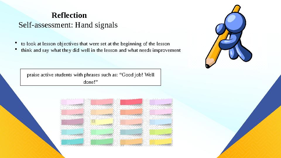 Reflection Self-assessment: Hand signals to look at lesson objectives that were set at the beginning of the lesson think and