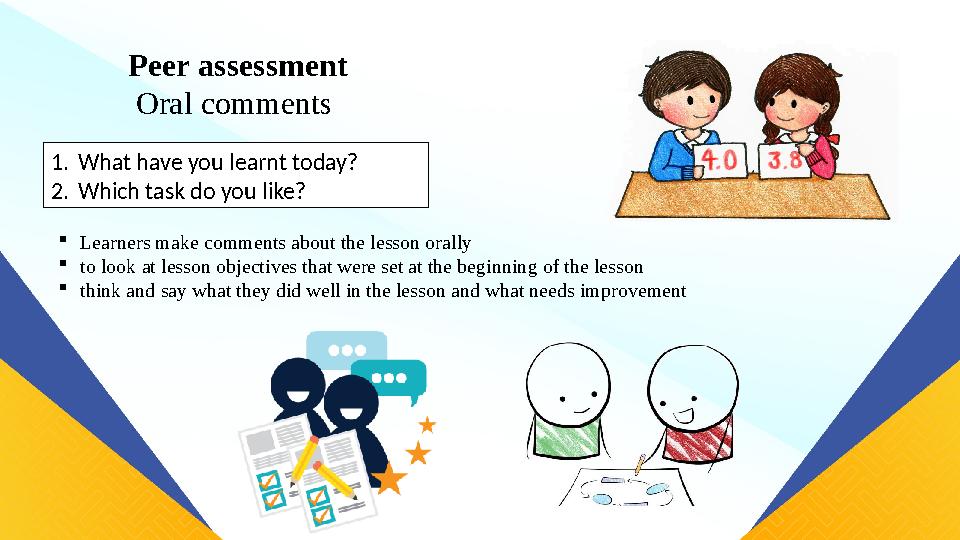 Peer assessment Oral comments 1.What have you learnt today? 2.Which task do you like? Learners make comments about the lesson