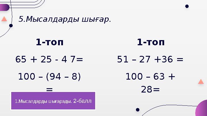 5.Мысалдарды шығар. 1-топ 65 + 25 - 4 7= 100 – (94 – 8) = 1-топ 51 – 27 +36 = 100 – 63 + 28= 1.Мысалдарды шығарады. 2