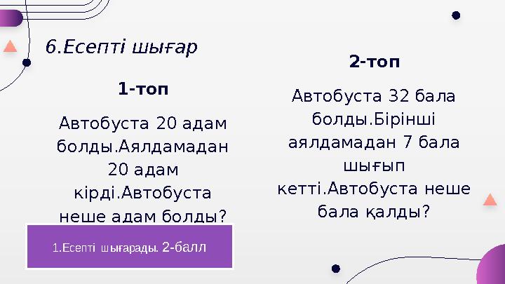 6.Есепті шығар 1-топ Автобуста 20 адам болды.Аялдамадан 20 адам кірді.Автобуста неше адам болды? 2-топ Автобуста 32