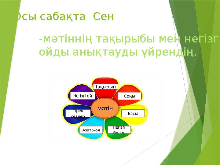 Осы сабақта Сен -мәтіннің тақырыбы мен негізгі ойды анықтауды үйрендің.