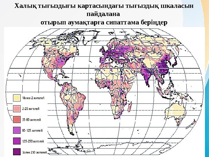 Халық тығыздығы картасындағы тығыздық шкаласын пайдалана отырып аумақтарға сипаттама беріңдер