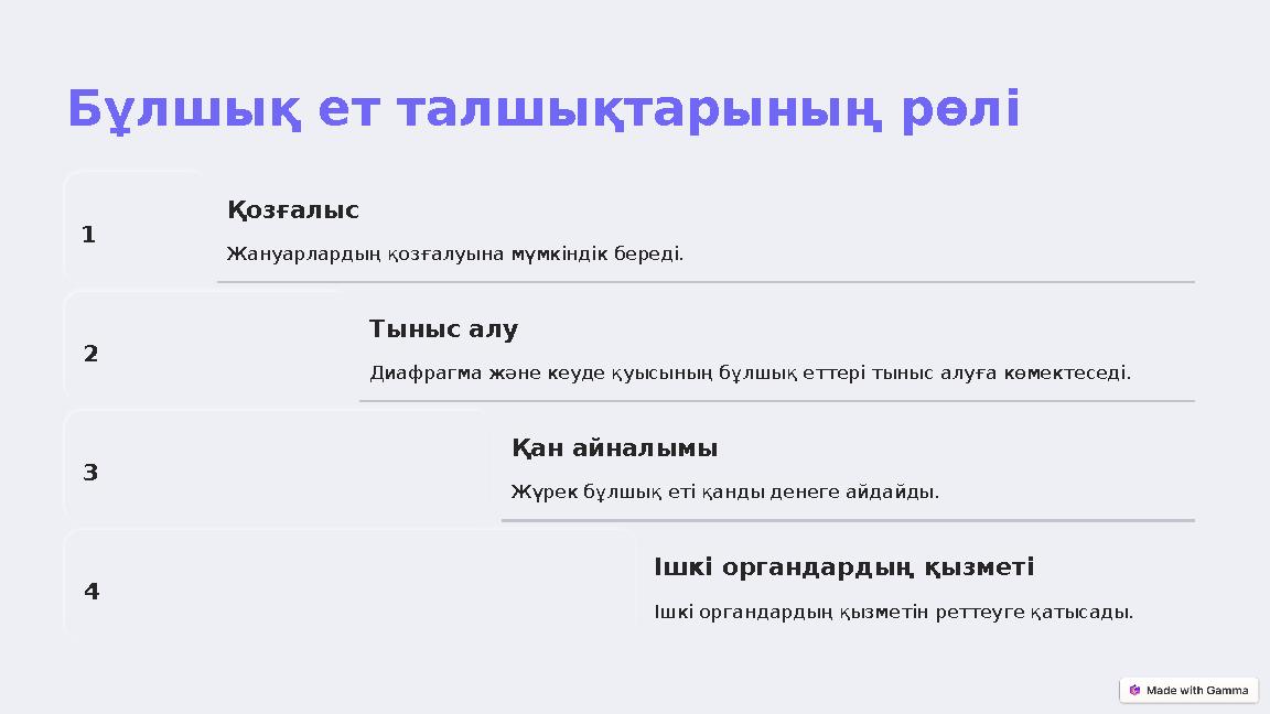 Бұлшық ет талшықтарының рөлі 1 Қозғалыс Жануарлардың қозғалуына мүмкіндік береді. 2 Тыныс алу Диафрагма және кеуде қуысының бұ