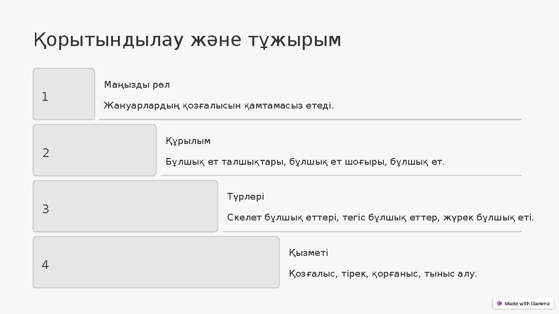 Қорытындылау және тұжырым 1 Маңызды рөл Жануарлардың қозғалысын қамтамасыз етеді. 2 Құрылым Бұлшық ет талшықтары, бұлшық ет шоғы