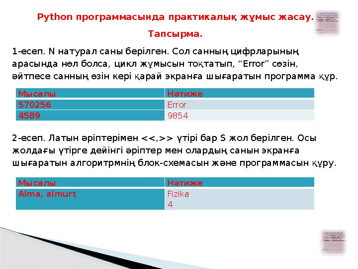 Python программасында практикалық жұмыс жасау. Тапсырма. 1-есеп. N натурал саны берілген. Сол санның цифрларының арасында н