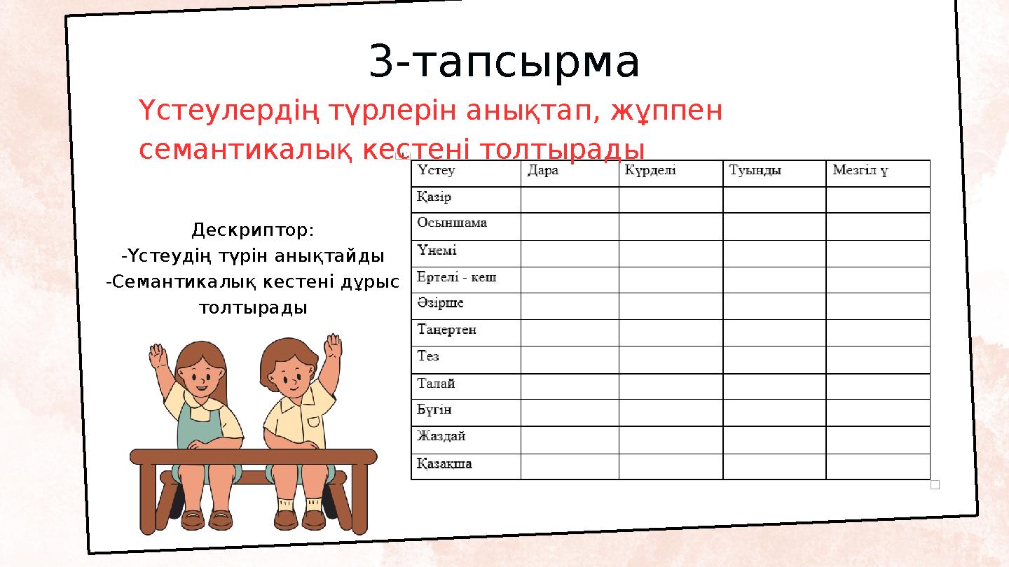 3-тапсырма Үстеулердің түрлерін анықтап, жұппен семантикалық кестені толтырады Дескриптор: -Үстеудің түрін анықтайды -Семанти