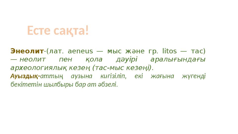 Есте сақта! Энеолит-(лат. aeneus — мыс және гр. lіtos — тас) — неолит пен қола дәуірі аралығындағы археологиялық кезең (тас-мы