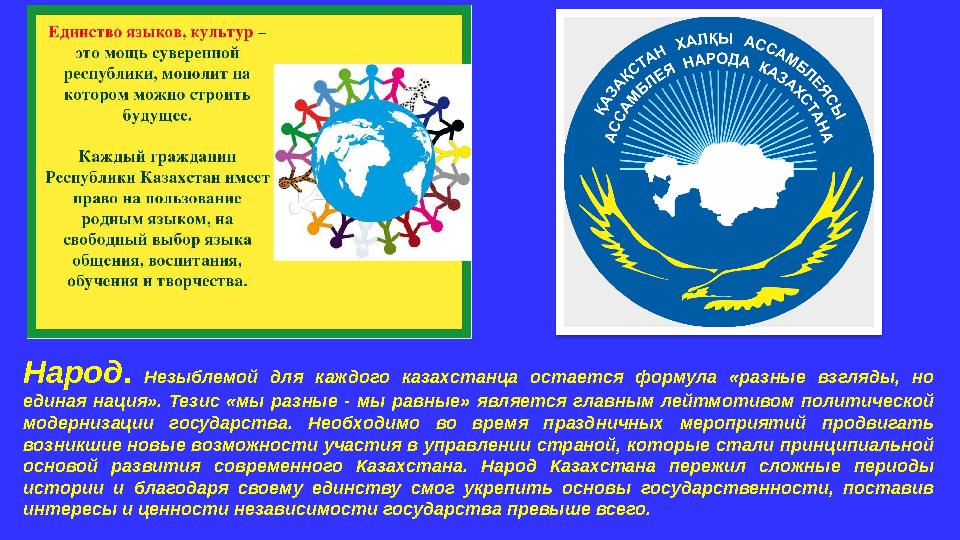 Народ. Незыблемой для каждого казахстанца остается формула «разные взгляды, но единая нация». Тезис «мы разные - мы равные» явл