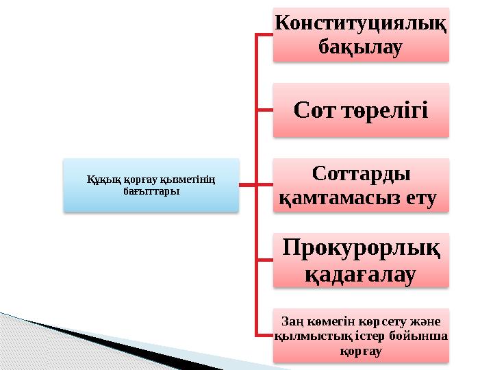 Құқық қорғау қызметінің бағыттары Конституциялық бақылау Сот төрелігі Соттарды қамтамасыз ету Прокурорлық қадағала