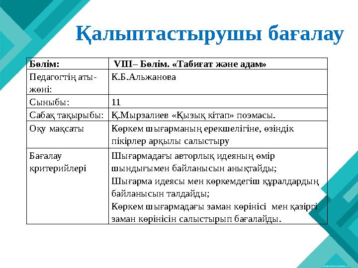 Бөлім: VIII– Бөлім. «Табиғат және адам» Педагогтің аты- жөні: К.Б.Альжанова Сыныбы: 11 Сабақ тақырыбы:Қ.Мырзалиев «Қызық кітап»