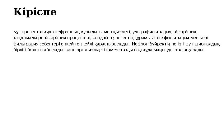 Кіріспе Бұл презентацияда нефронның құрылысы мен қызметі, ультрафильтрация, абсорбция, таңдамалы реабсорбция процестері, сондай