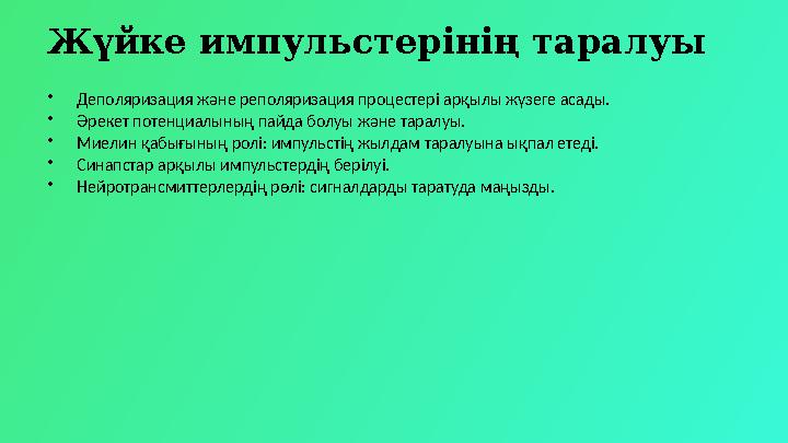 Жүйке импульстерінің таралуы •Деполяризация және реполяризация процестері арқылы жүзеге асады. •Әрекет потенциалының пайда болуы