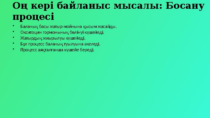 Оң кері байланыс мысалы: Босану процесі •Баланың басы жатыр мойнына қысым жасайды. •Окситоцин гормонының бөлінуі күшейеді. •Жат