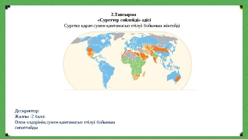 2.Тапсырма «Суреттер сөйлейді» әдісі Суретке қарап сумен қамтамасыз етілуі бойынша жіктейді Дескриптор: Жалпы -2 балл: Әлем елд