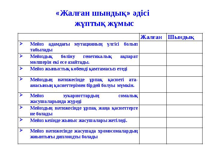 «Жалған шындық» әдісі жұптық жұмыс Жалған Шындық Мейоз адамдағы мутацияның үлгісі болып табылады Мейоздық бөліну генетикалы