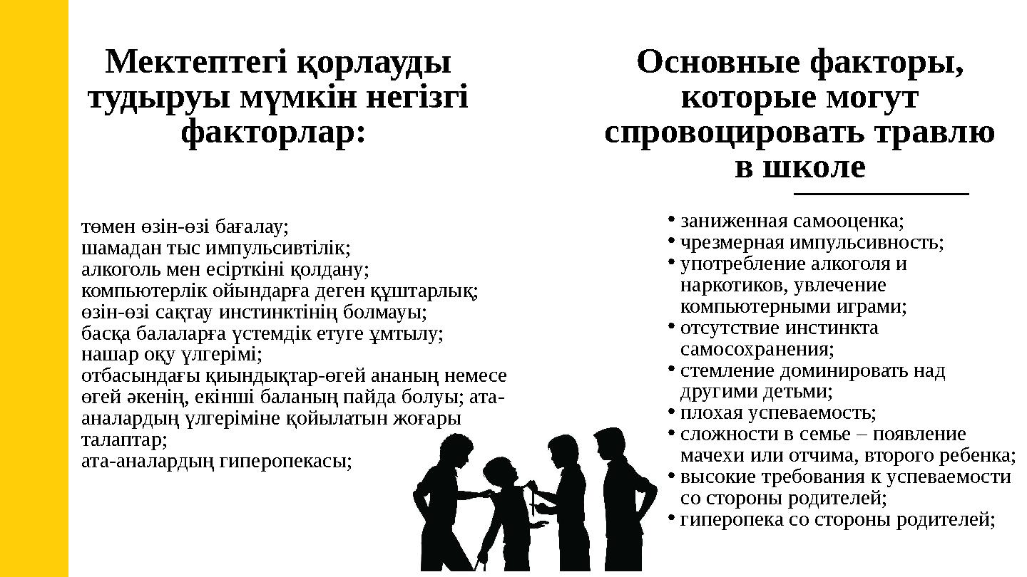 Мектептегі қорлауды тудыруы мүмкін негізгі факторлар: төмен өзін-өзі бағалау; шамадан тыс импульсивтілік; алкоголь мен есір