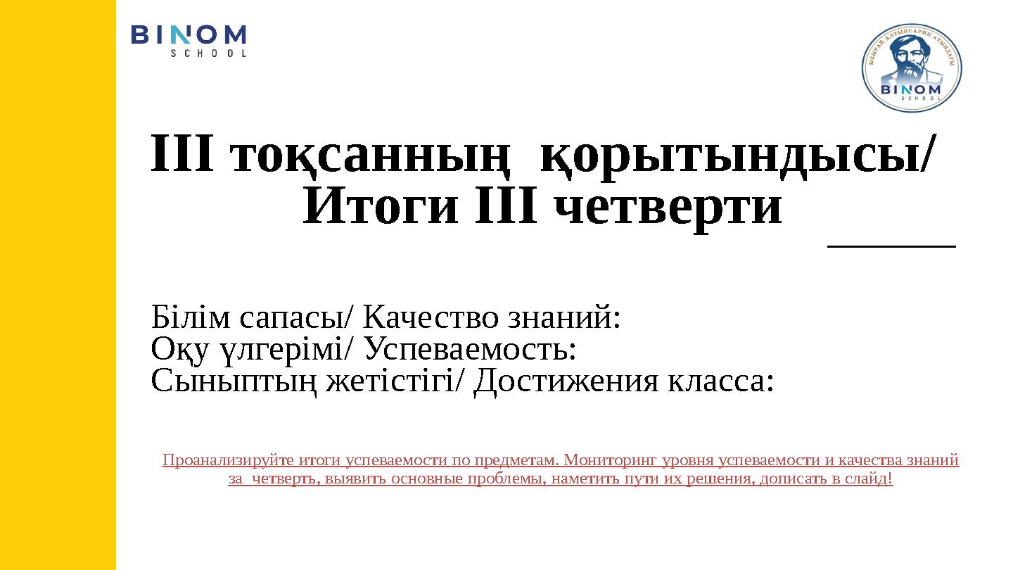 ІІІ тоқсанның қорытындысы/ Итоги ІІІ четверти Білім сапасы/ Качество знаний: Оқу үлгерімі/ Успеваемость: Сыныптың жетістігі/ Д