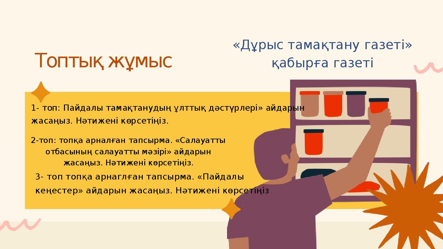 1- топ: Пайдалы тамақтанудың ұлттық дәстүрлері» айдарын жасаңыз. Нәтижені көрсетіңіз. 3- топ топқа арнаглған тапсырма. «Пайдалы