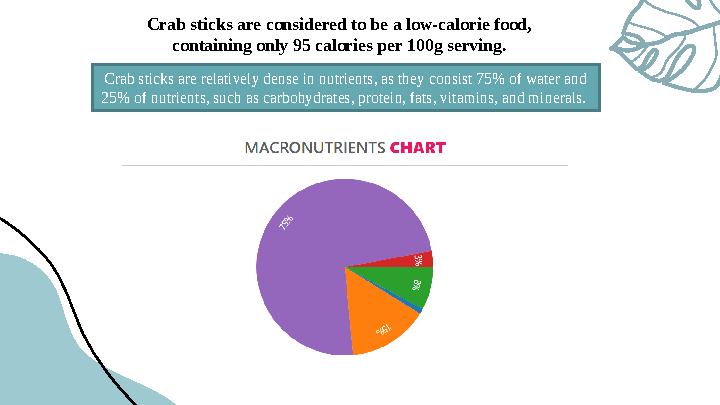 Crab sticks are considered to be a low-calorie food, containing only 95 calories per 100g serving. Crab sticks are relatively d